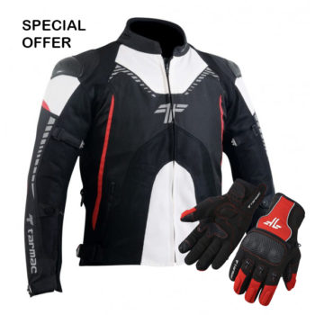 Tarmac Corsa Level 2 Black White Red Riding Jacket Free Tex Gloves