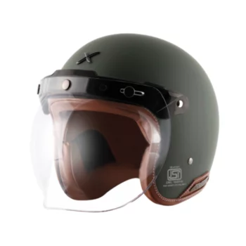 AXOR Retro Jet Leather Dull Battle Green Open Face Helmet (1)