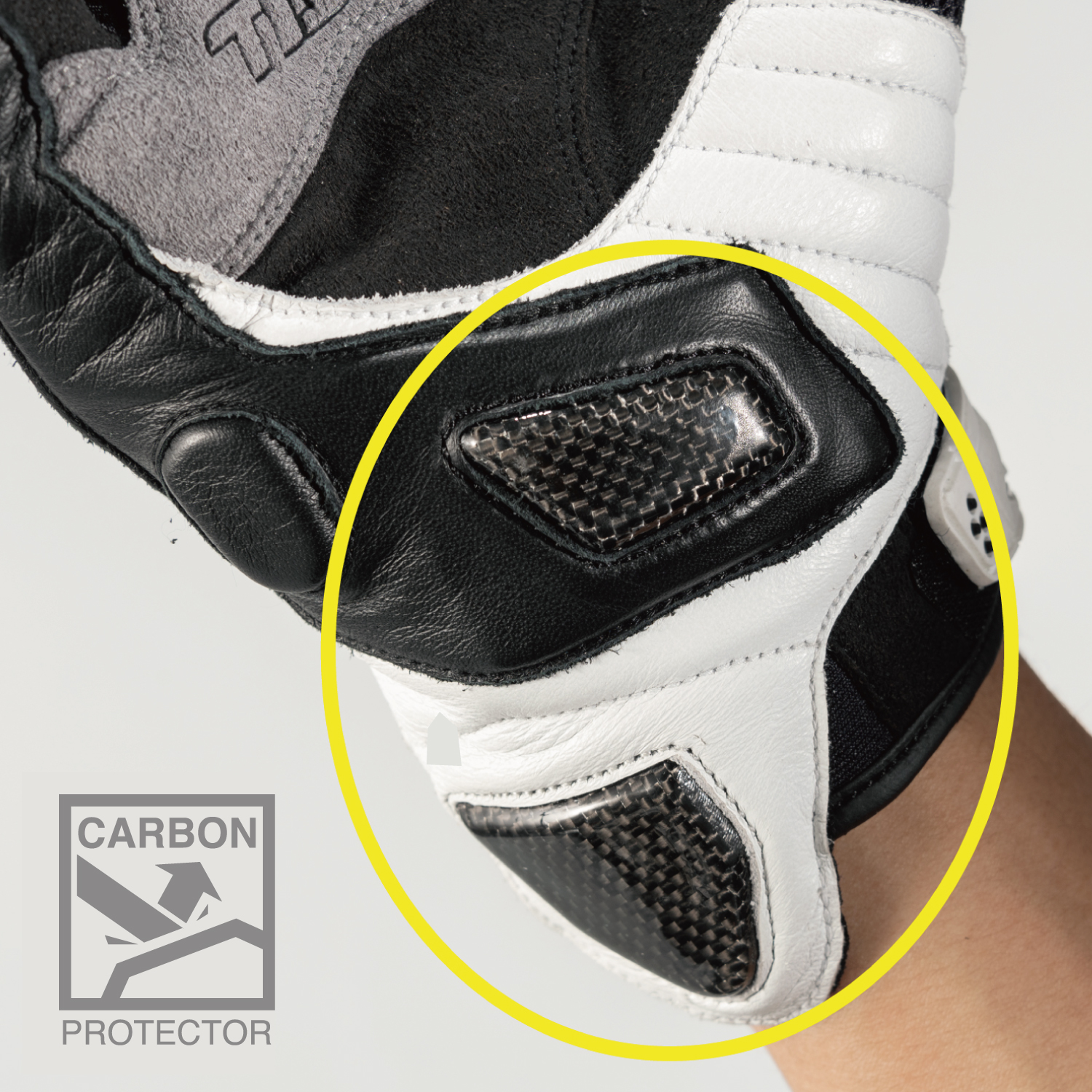 Carbon material is used for the palm and wrist protectors.