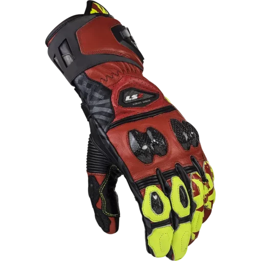 LS2 Feng Racing Black Red Hi Viz Yellow Gloves 1