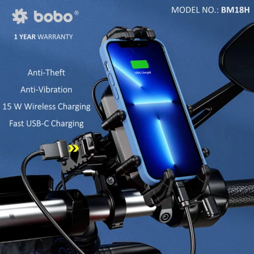 BOBO BM18 Anti Vibration Bike Phone Holder (with Fast 15W Wireless Charger & USB C Charging Module) Motorcycle Mobile Mount 3