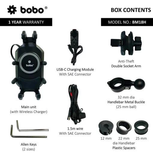 BOBO BM18 Anti Vibration Bike Phone Holder (with Fast 15W Wireless Charger & USB C Charging Module) Motorcycle Mobile Mount 5