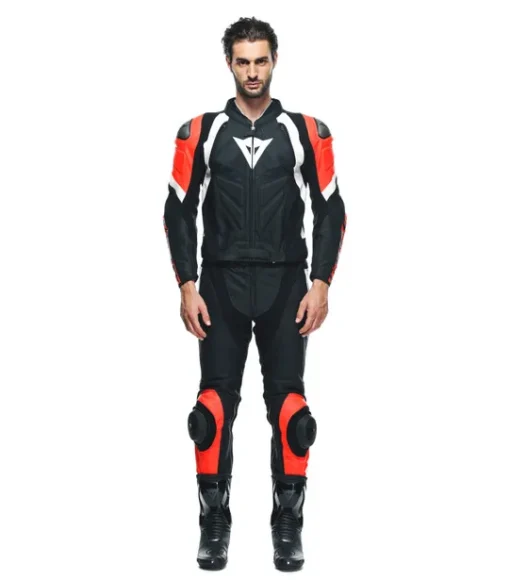 Dainese Avro 4 2Pc Leather Black Matt Fluo Red White Racing Suit 3