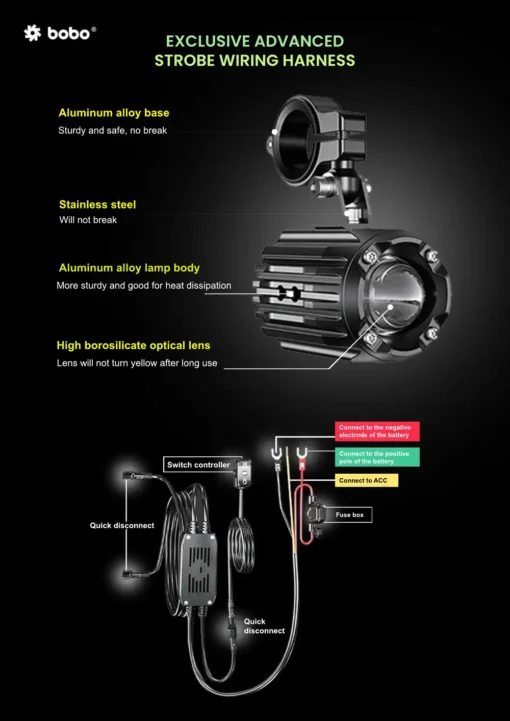 Bobo BL1 Premium Auxiliary Lights – 6000 Lumens, 60W LED with Strobe Wiring Harness 3