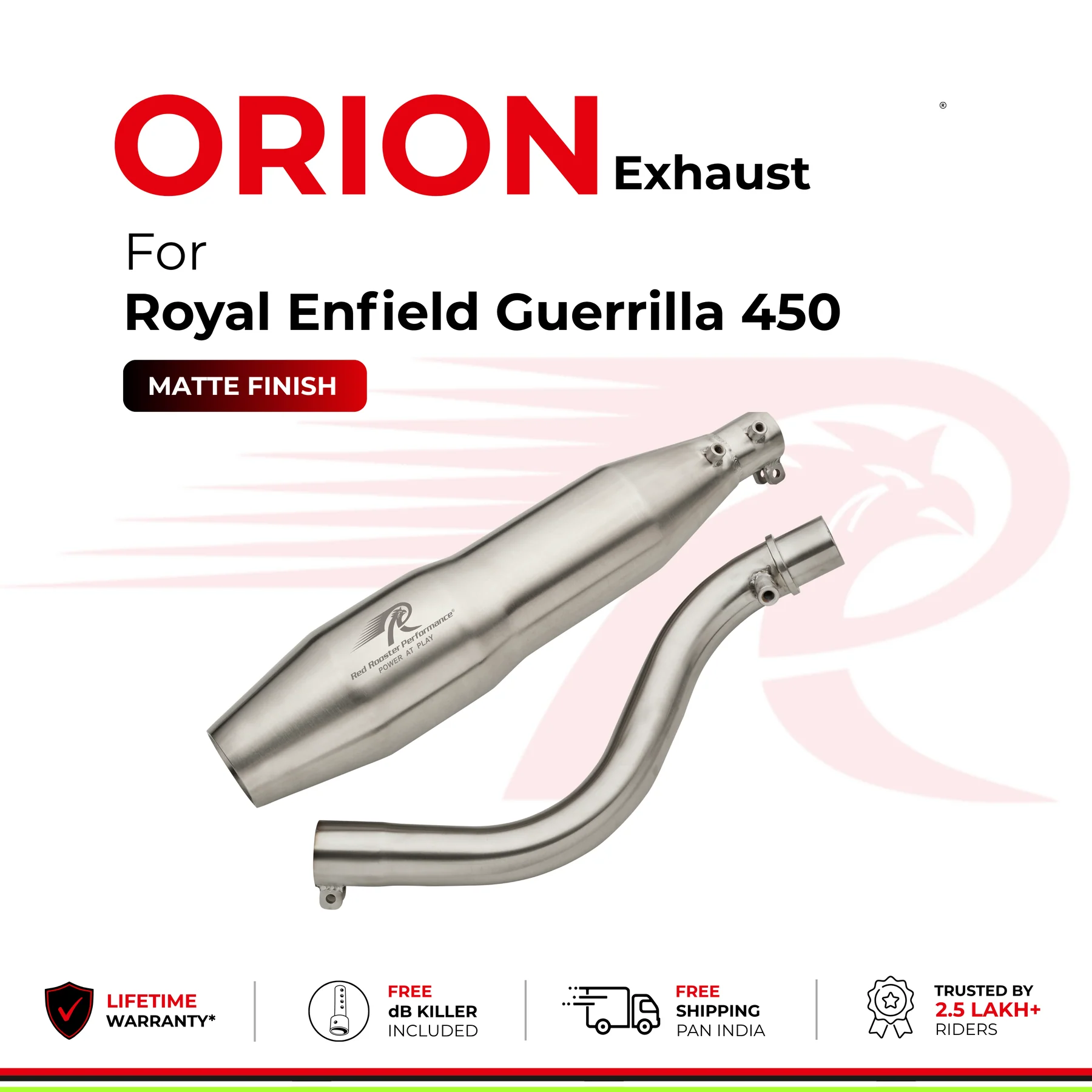 Red Rooster Performance Orion Slip-On Exhaust for Royal Enfield Guerrilla 450 - Matte Finish