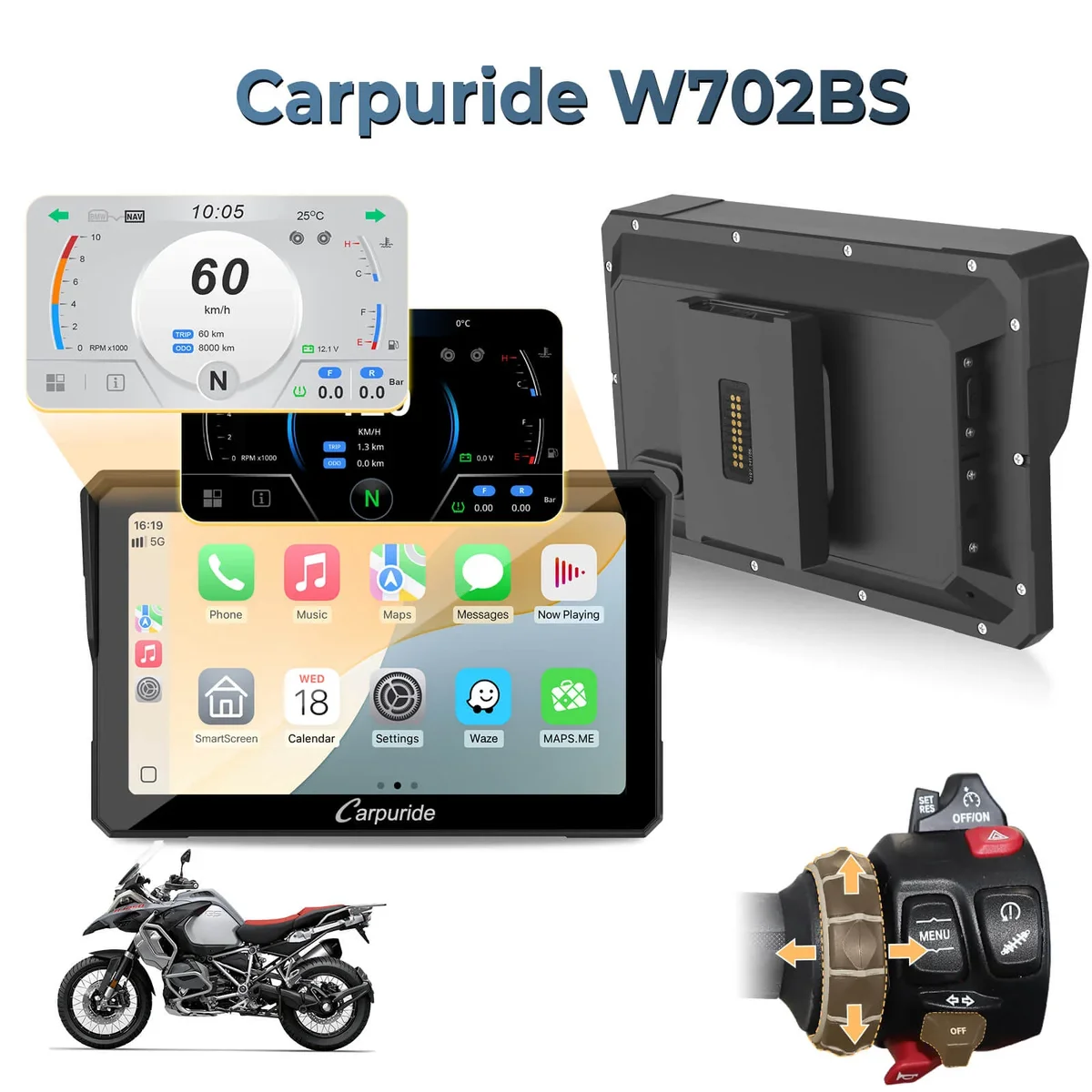 Carpuride W702BS - 7" BMW Motorcycle CarPlay System with OEM Controller Integration - Image 1